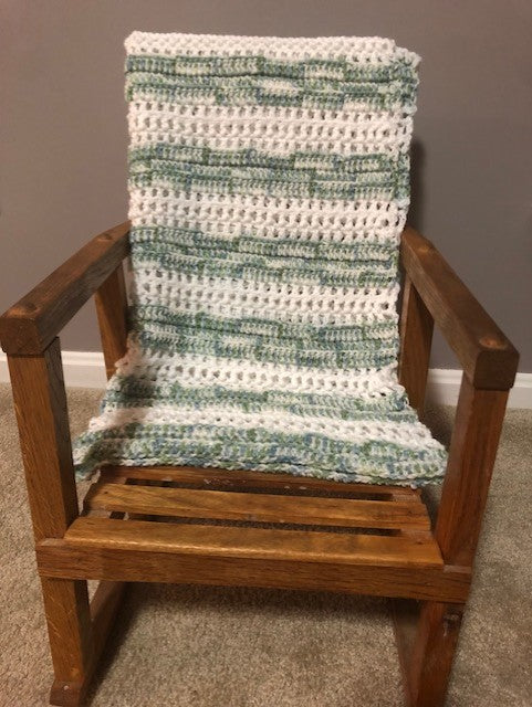 Baby Blanket - Hand Crocheted - White with Stripes of Blue/Green/White Pattern
