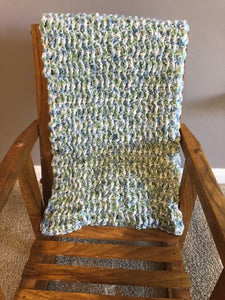 Doll Blanket - Hand Crocheted - Blue, Green and White