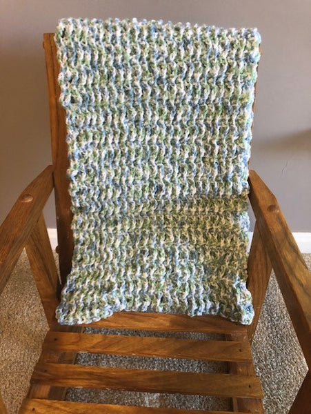 Doll Blanket - Hand Crocheted - Blue, Green and White