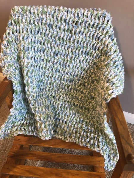 Doll Blanket - Hand Crocheted - Blue, Green and White