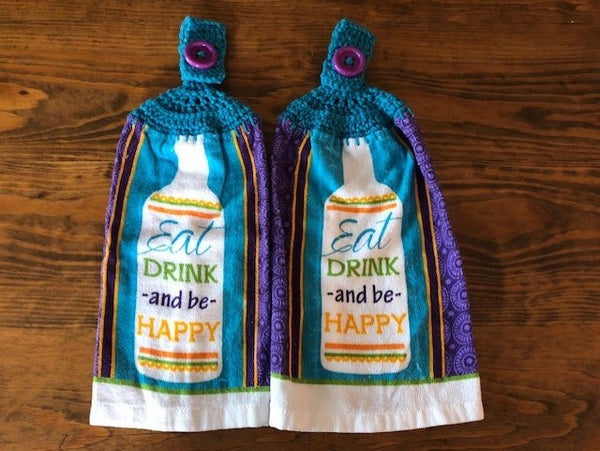 Hanging Towels with the Phrase "Eat Drink and be Happy" - Set of 2