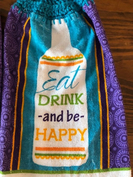 Hanging Towels with the Phrase "Eat Drink and be Happy" - Set of 2