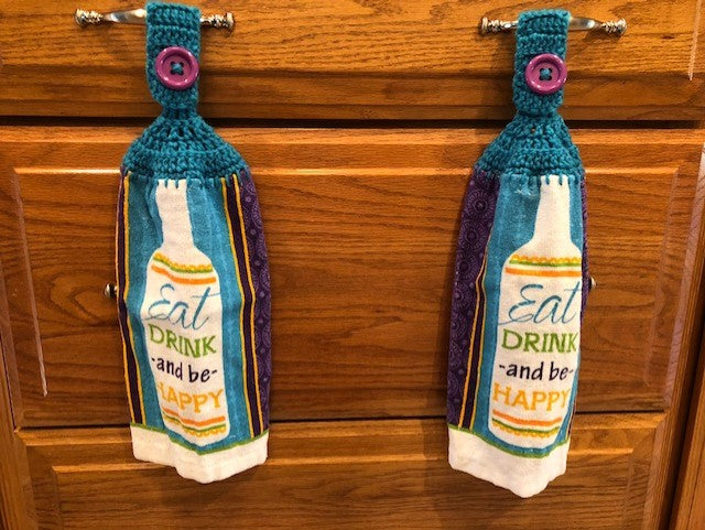 Hanging Towels with the Phrase "Eat Drink and be Happy" - Set of 2