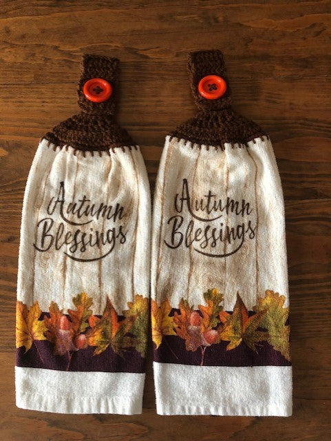 Fall/Thanksgiving Hanging Towels - "Autumn Blessings" with Orange Buttons - Set of 2