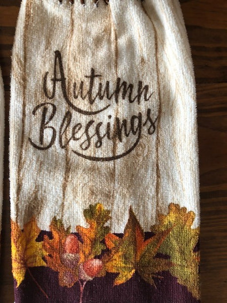 Fall/Thanksgiving Hanging Towels - "Autumn Blessings" with Orange Buttons - Set of 2