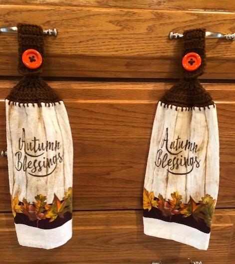 Fall/Thanksgiving Hanging Towels - "Autumn Blessings" with Orange Buttons - Set of 2