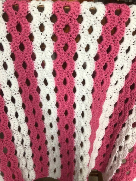 Baby Blanket - Hand Crocheted - Pink and White Stripes