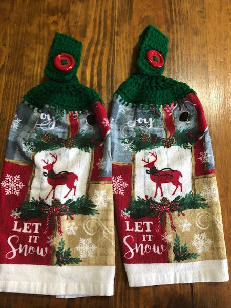 Christmas Hanging Towels - Reindeer, Let it Snow, Joy - Set of 2