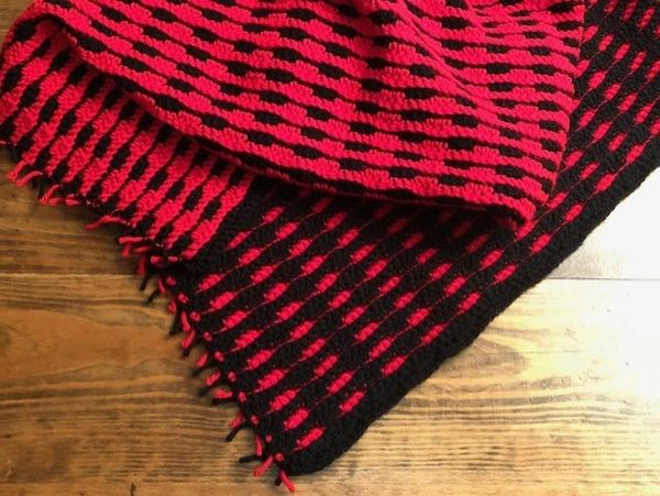 Lap Blanket - Hand Crocheted - Red and Black Stripes