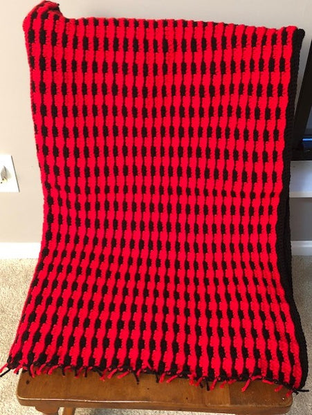 Lap Blanket - Hand Crocheted - Red and Black Stripes