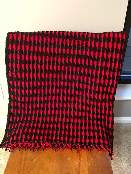 Lap Blanket - Hand Crocheted - Red and Black Stripes