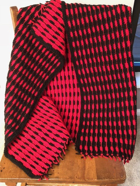 Lap Blanket - Hand Crocheted - Red and Black Stripes