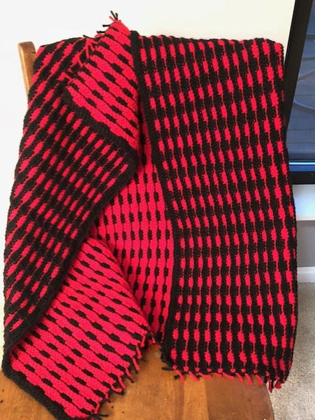 Lap Blanket - Hand Crocheted - Red and Black Stripes