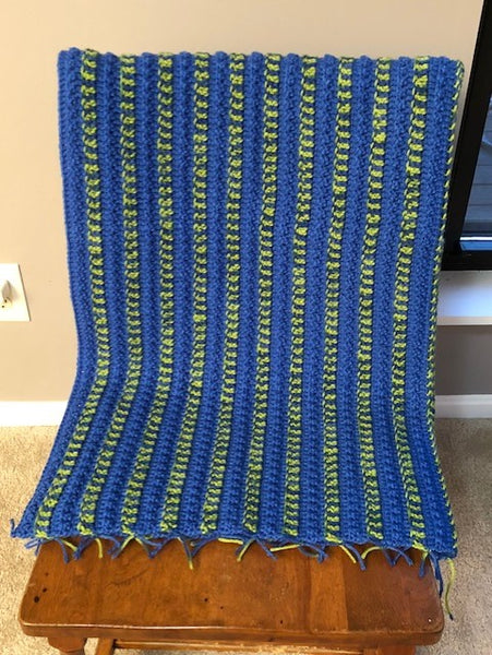 Lap Blanket - Hand Crocheted - Blue with Green/Blue Stripes