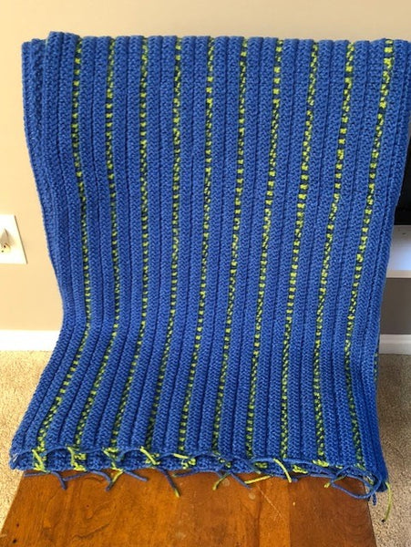 Lap Blanket - Hand Crocheted - Blue with Green/Blue Stripes