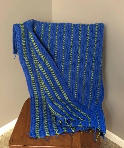 Lap Blanket - Hand Crocheted - Blue with Green/Blue Stripes