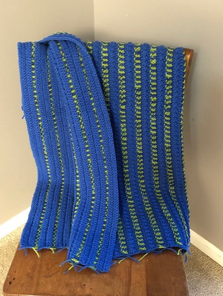 Lap Blanket - Hand Crocheted - Blue with Green/Blue Stripes