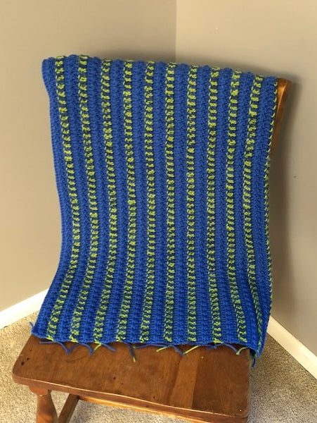 Lap Blanket - Hand Crocheted - Blue with Green/Blue Stripes