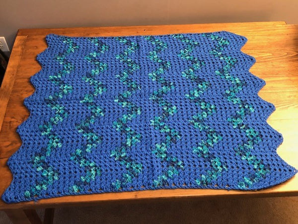 Lap Blanket - Hand Crocheted - Blue with Blue, Teal, Navy Chevron Stripe