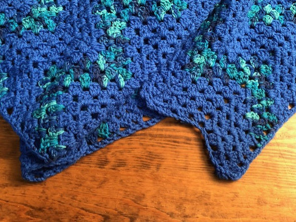 Lap Blanket - Hand Crocheted - Blue with Blue, Teal, Navy Chevron Stripe