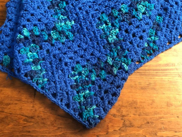 Lap Blanket - Hand Crocheted - Blue with Blue, Teal, Navy Chevron Stripe