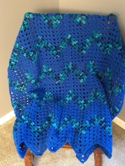 Lap Blanket - Hand Crocheted - Blue with Blue, Teal, Navy Chevron Stripe