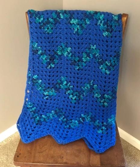 Lap Blanket - Hand Crocheted - Blue with Blue, Teal, Navy Chevron Stripe