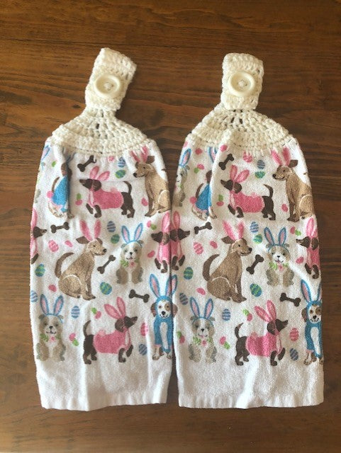 Hand Crocheted Hanging Towels - Easter Theme - Dogs with Bunny Ears - Choose a Set of 2 or Both Sets and Save!