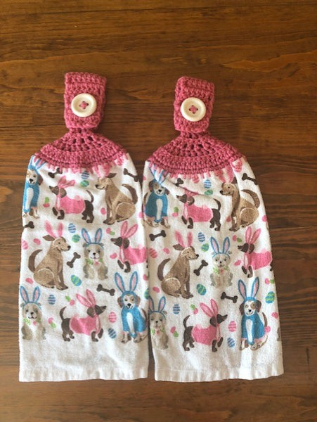 Hand Crocheted Hanging Towels - Easter Theme - Dogs with Bunny Ears - Choose a Set of 2 or Both Sets and Save!