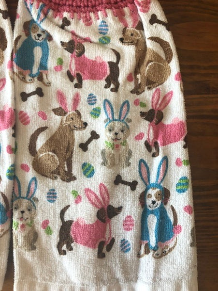 Hand Crocheted Hanging Towels - Easter Theme - Dogs with Bunny Ears - Choose a Set of 2 or Both Sets and Save!