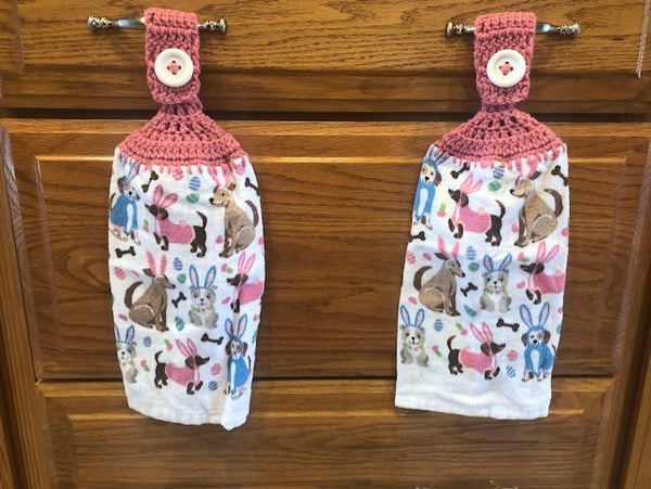 Hand Crocheted Hanging Towels - Easter Theme - Dogs with Bunny Ears - Choose a Set of 2 or Both Sets and Save!