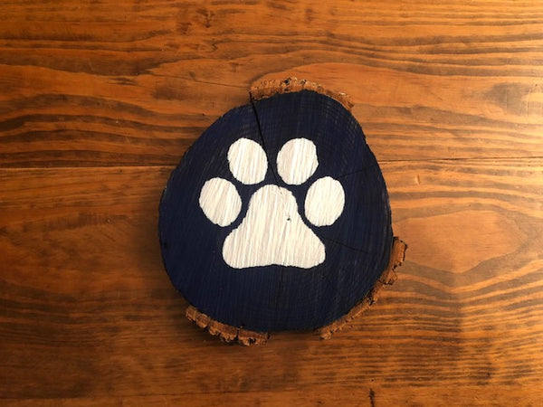 Rustic Wood Sign - White Cat Paw on Blue Background