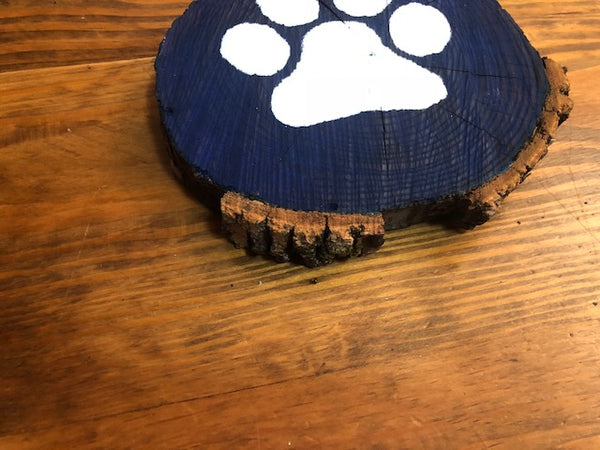 Rustic Wood Sign - White Cat Paw on Blue Background