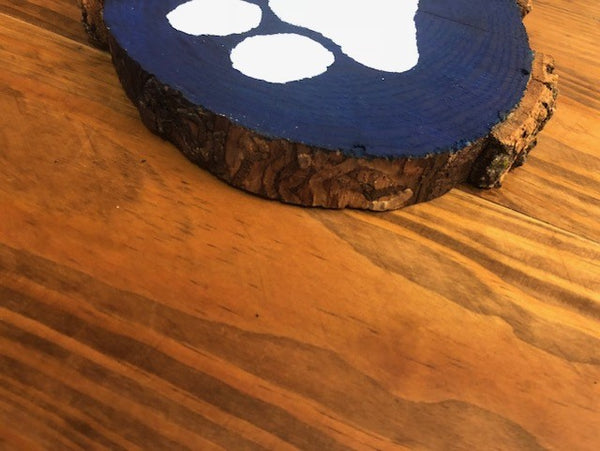 Rustic Wood Sign - White Cat Paw on Blue Background