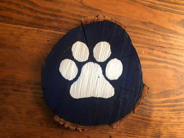 Rustic Wood Sign - White Cat Paw on Blue Background