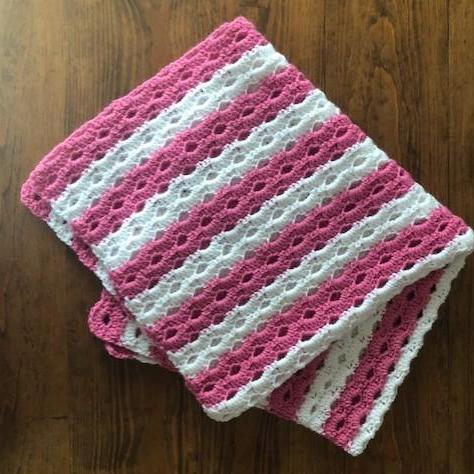 Baby Blanket - Hand Crocheted - Pink and White Stripes