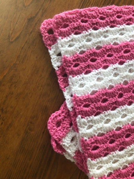 Baby Blanket - Hand Crocheted - Pink and White Stripes