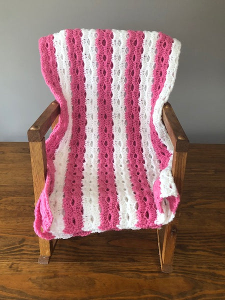 Baby Blanket - Hand Crocheted - Pink and White Stripes