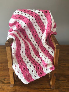 Baby Blanket - Hand Crocheted - Pink and White Stripes