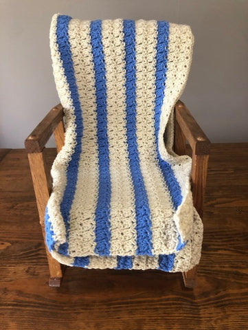 Baby Blanket - Hand Crocheted - Tan and Blue Stripes