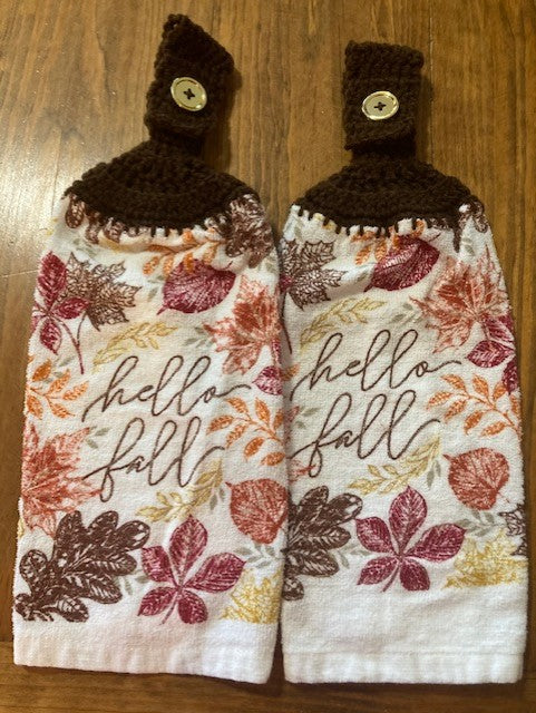 Hanging Towels - "Hello Fall" with Leaves - Set of 2