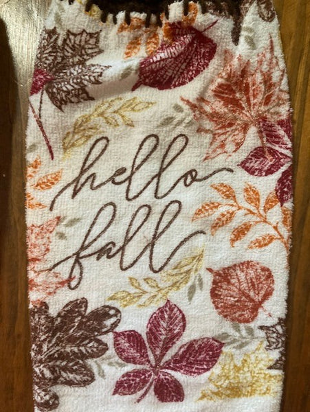 Hanging Towels - "Hello Fall" with Leaves - Set of 2