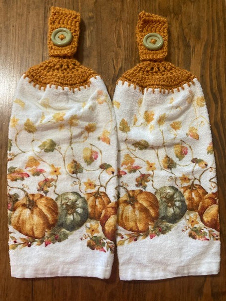 Fall/Thanksgiving Hanging Towels - Pumpkins & Leaves with Orange Top & Light Green Buttons - Set of 2