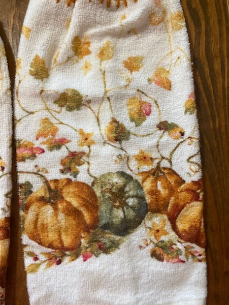 Fall/Thanksgiving Hanging Towels - Pumpkins & Leaves with Orange Top & Light Green Buttons - Set of 2