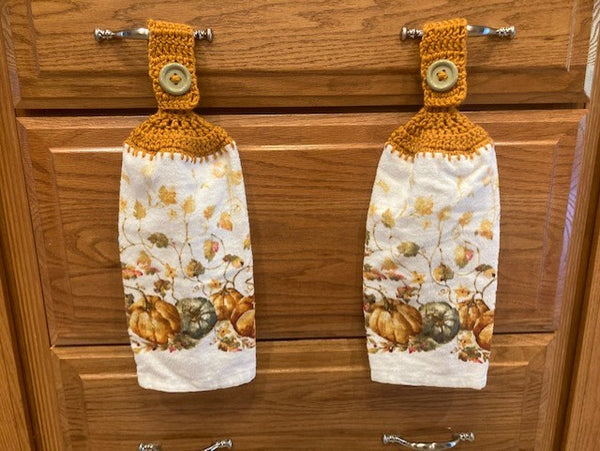 Fall/Thanksgiving Hanging Towels - Pumpkins & Leaves with Orange Top & Light Green Buttons - Set of 2