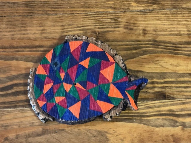Rustic Wood Slab Sign – Geometric Fish Design