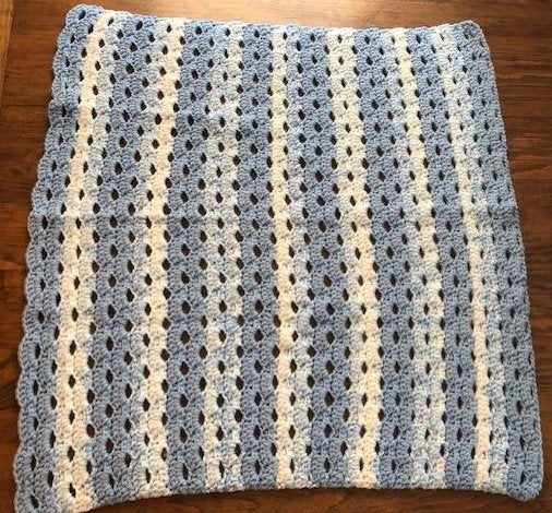 Baby Blanket - Hand Crocheted - Blue and White Striped