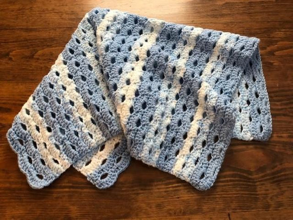 Baby Blanket - Hand Crocheted - Blue and White Striped