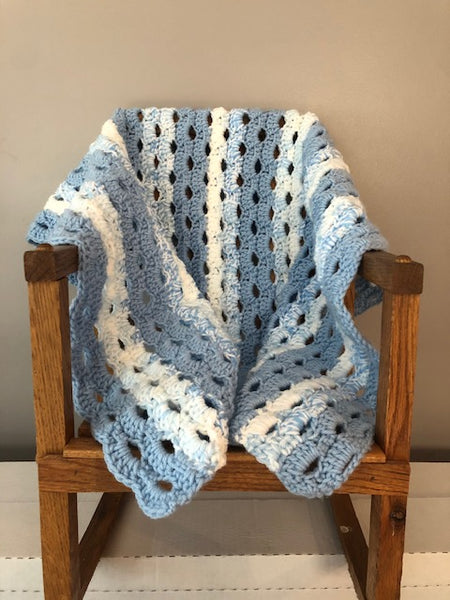 Baby Blanket - Hand Crocheted - Blue and White Striped