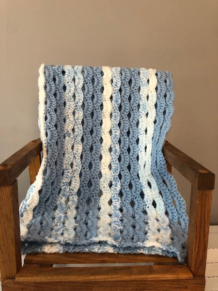 Baby Blanket - Hand Crocheted - Blue and White Striped